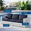 Afuera Living Fabric and Rattan Patio Sofa in Light Gray with Navy Cushions