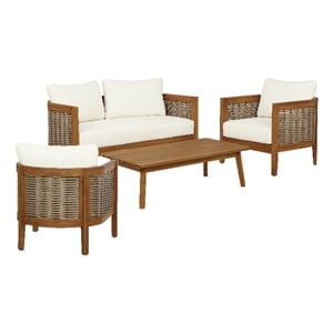 Afuera Living Loveseat Table and Chair Set in Acacia Wood with Beige Cushions