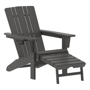 Afuera Living Plastic Adirondack Chair with Ottoman and Cupholder in Gray