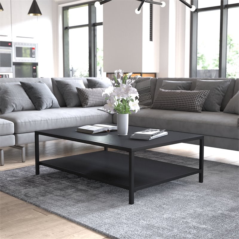Afuera Living 2-Tier All-Weather Metal Coffee Table in Black for Patio Spaces