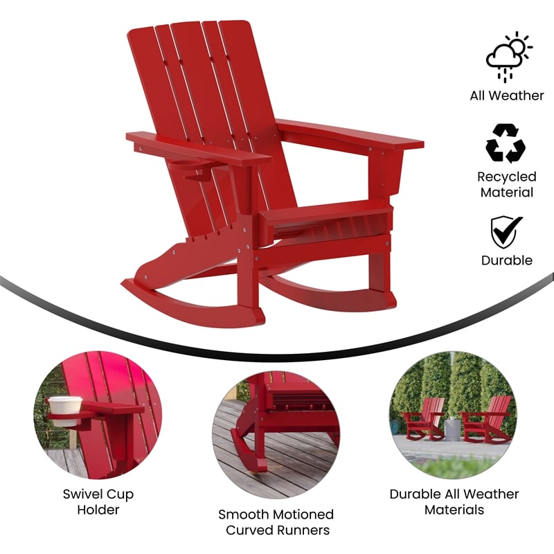 Afuera Living Plastic Rocking Adirondack Chair with Cupholder in Red