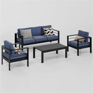 Afuera Living 4-Piece Aluminum Patio Set with 5 Seats - Blue Cushions