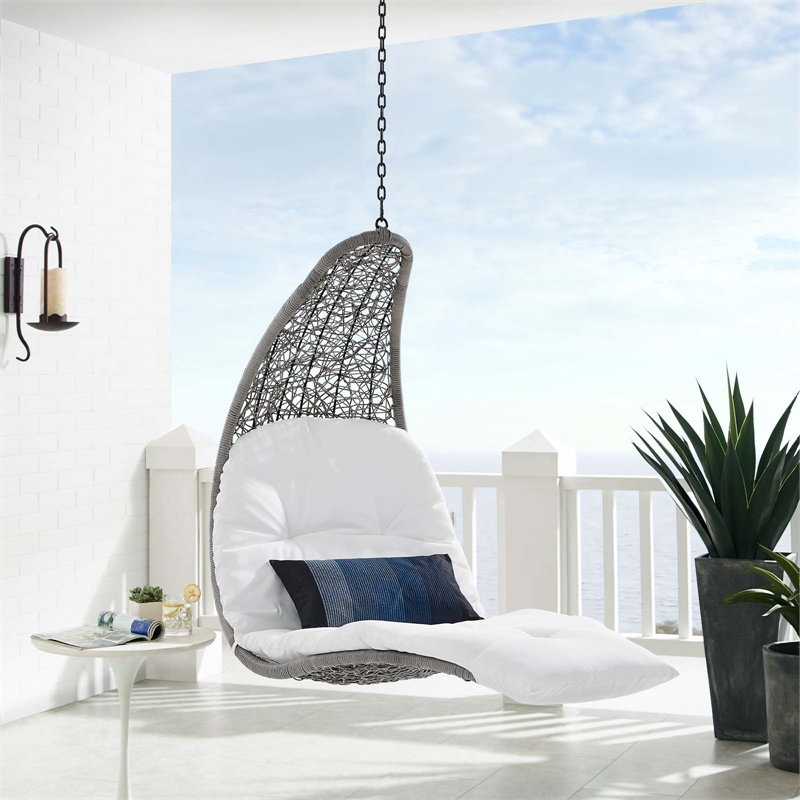Afuera Living Rattan Patio Hanging Chaise Lounge Swing Chair in Light Gray White