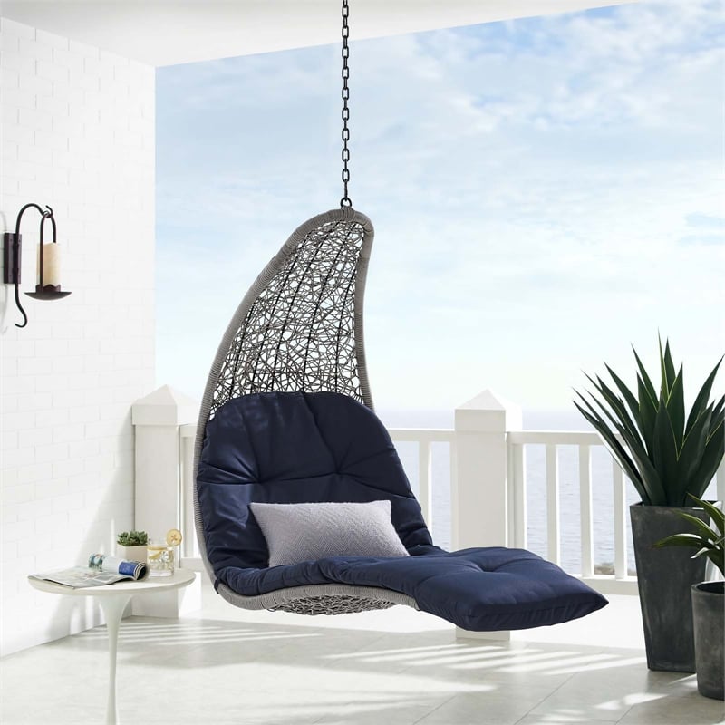 Afuera Living Rattan Hanging Chaise Lounge Swing Chair in Gray/Navy