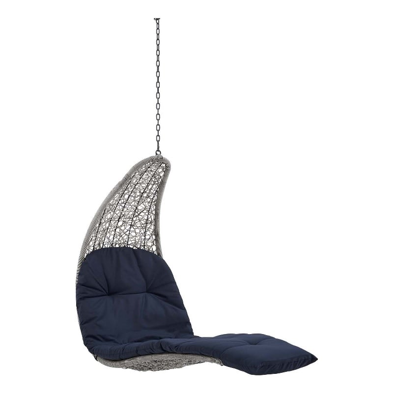 Afuera Living Rattan Hanging Chaise Lounge Swing Chair in Gray/Navy