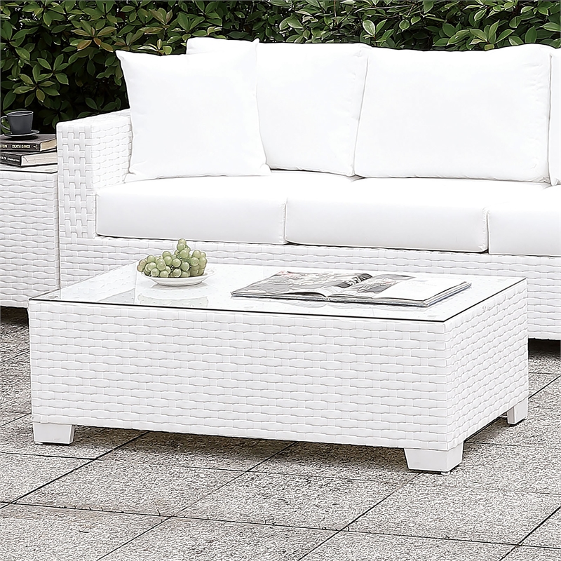 Afuera Living Rattan Patio Ottoman with Cushion in White Finish