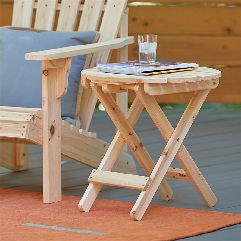 Afuera Living Adirondack Round Foldable Cedar Side Table in Beige