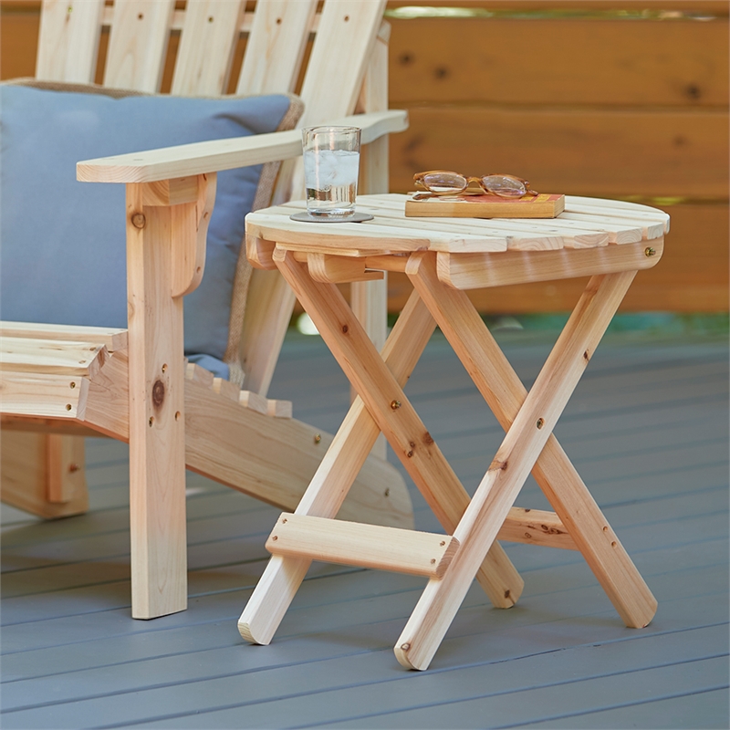 Afuera Living Adirondack Round Foldable Cedar Side Table in Beige