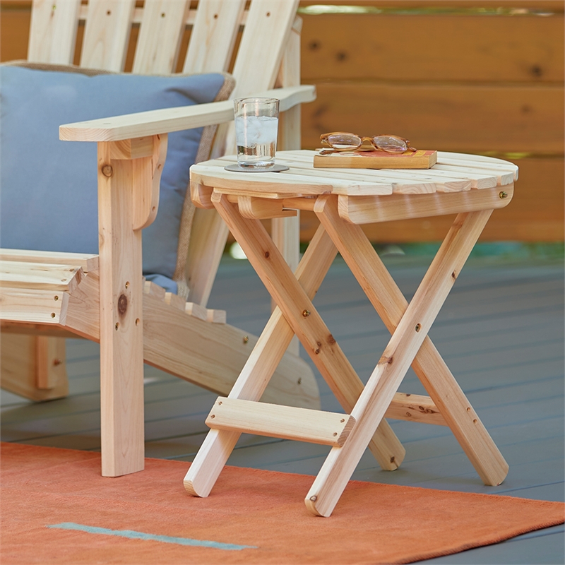 Afuera Living Adirondack Round Foldable Cedar Side Table in Beige