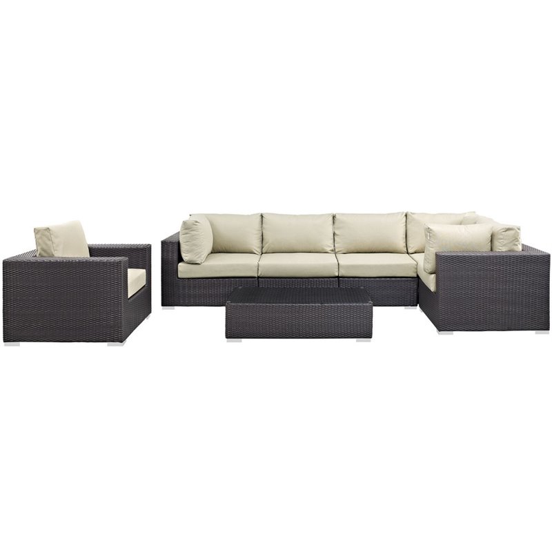 Afuera Living 7-Piece Aluminum Rattan Patio Sectional Set in Espresso Beige