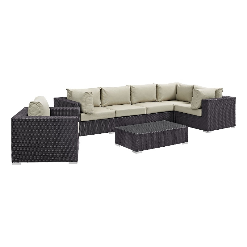 Afuera Living 7-Piece Aluminum Rattan Patio Sectional Set in Espresso Beige