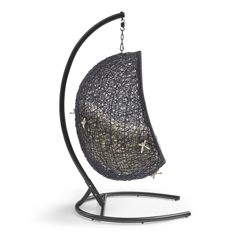 Afuera Living Outdoor Rattan Swing Chair with Stand in Black and Beige