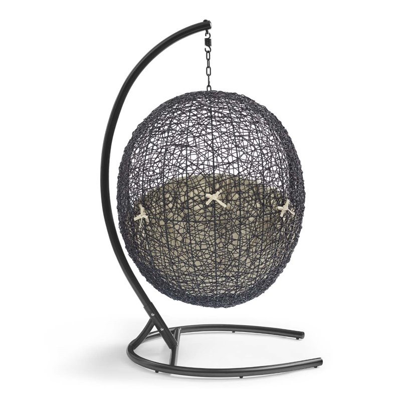 Afuera Living Outdoor Rattan Swing Chair with Stand in Black and Beige