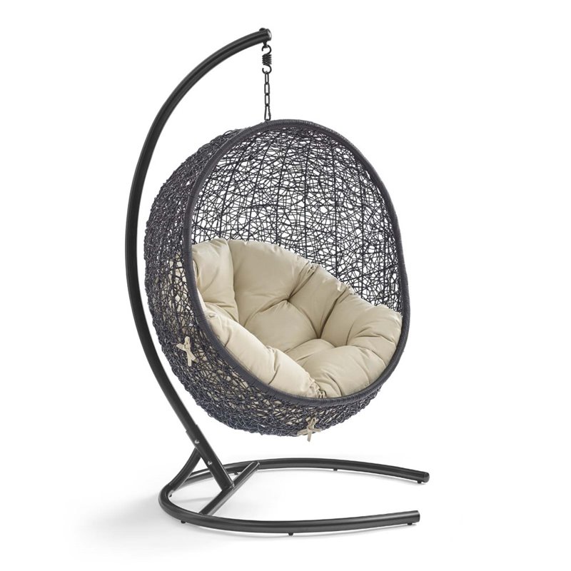 Afuera Living Outdoor Rattan Swing Chair with Stand in Black and Beige