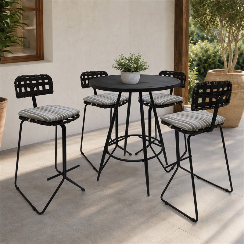 Afuera Living Outdoor Metal Pub Set with Beige Striped Fabric and Black Frame