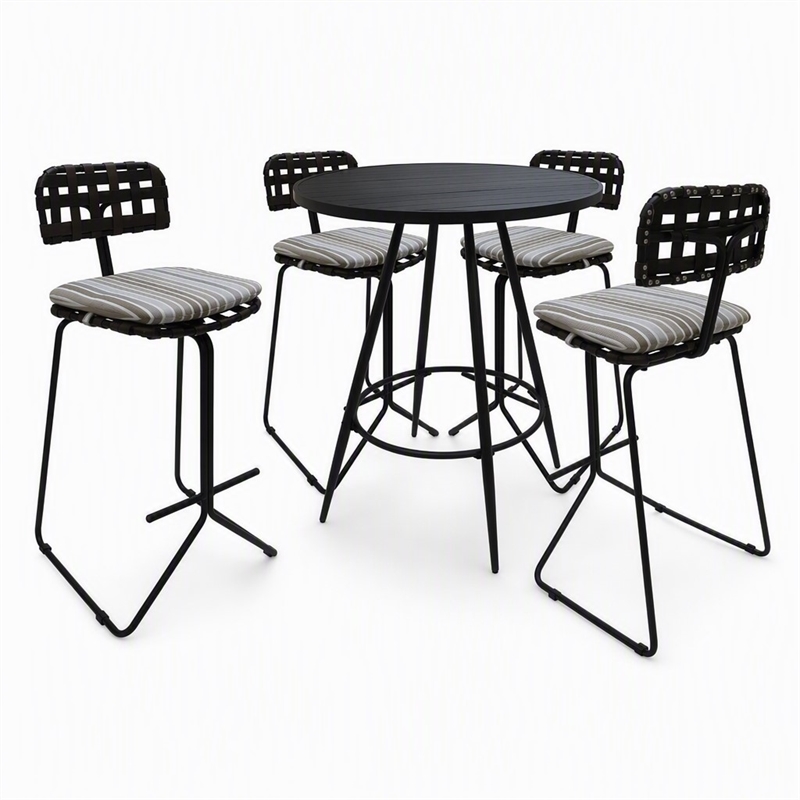Afuera Living Outdoor Metal Pub Set with Beige Striped Fabric and Black Frame