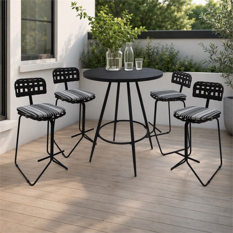 Afuera Living Outdoor Metal Pub Set with Gray Striped Fabric and Black Frame