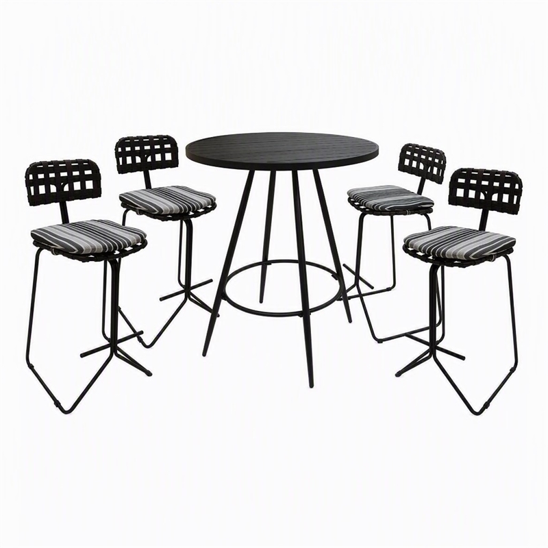 Afuera Living Outdoor Metal Pub Set with Gray Striped Fabric and Black Frame