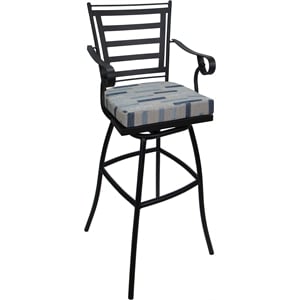 Afuera Living Bar Stool 30&quot Seat with Arms in Blue Beige Fabric Black Frame