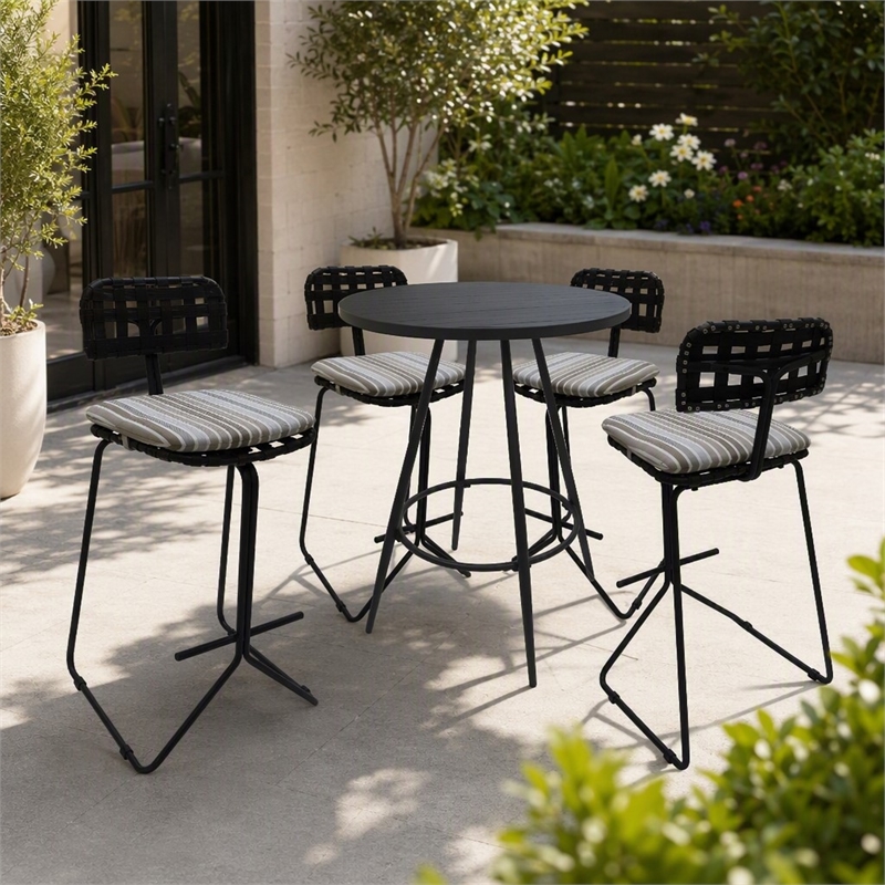 Afuera Living Metal Pub Set with Beige Striped Fabric and Gray Frame