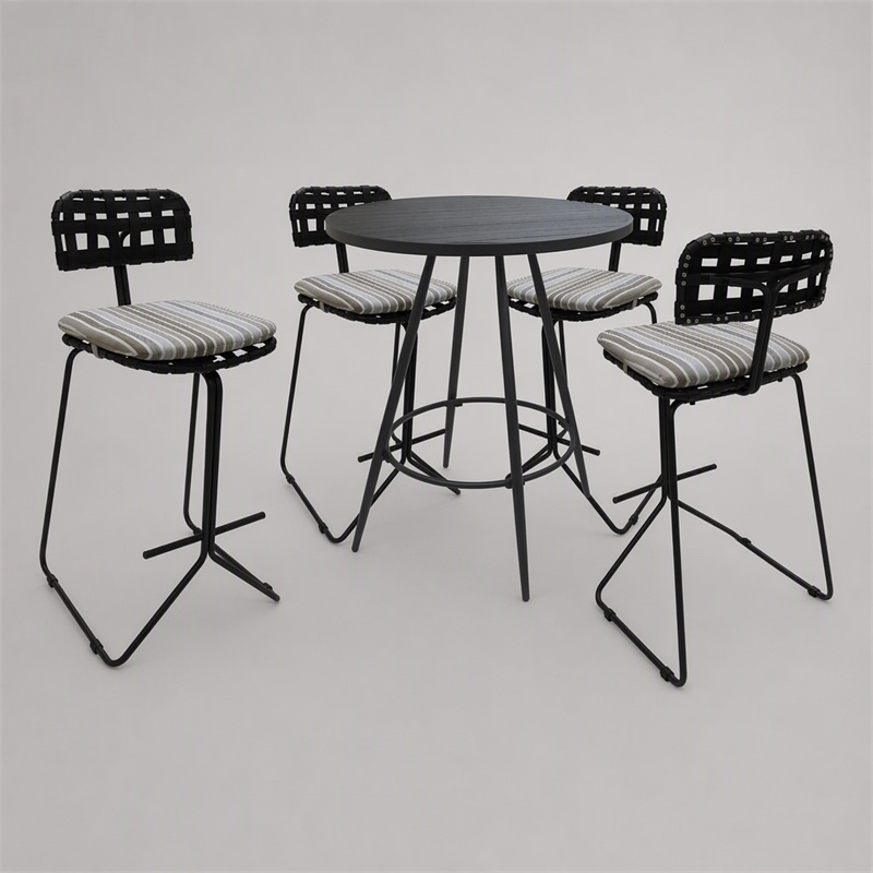 Afuera Living Metal Pub Set with Beige Striped Fabric and Gray Frame