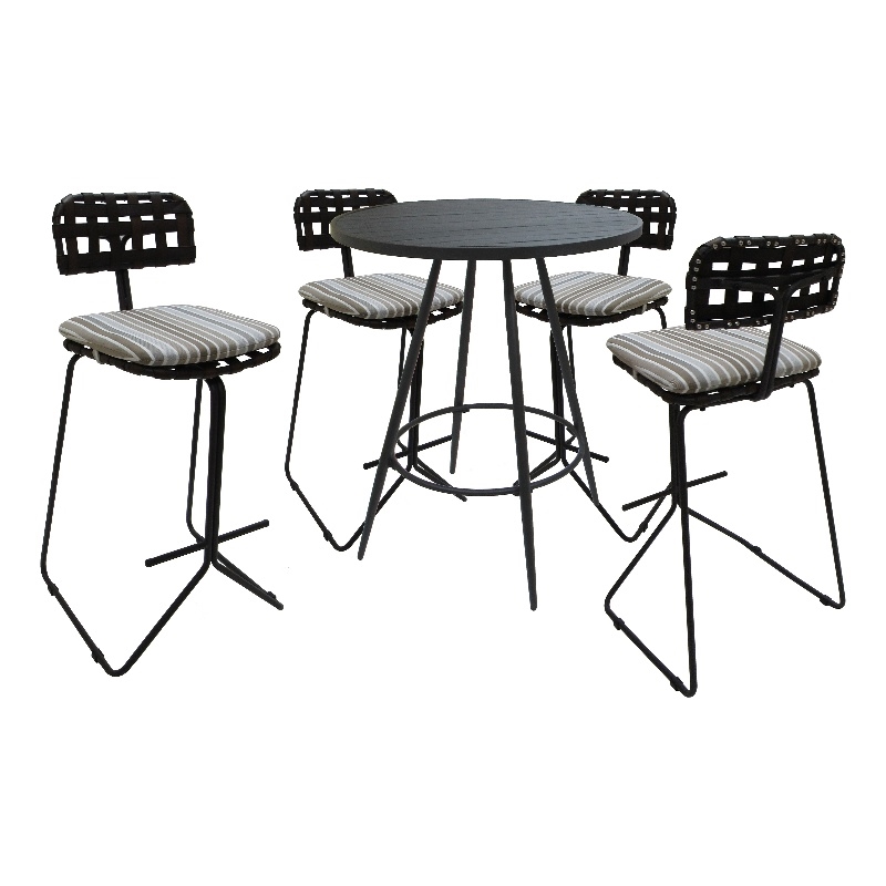 Afuera Living Metal Pub Set with Beige Striped Fabric and Gray Frame
