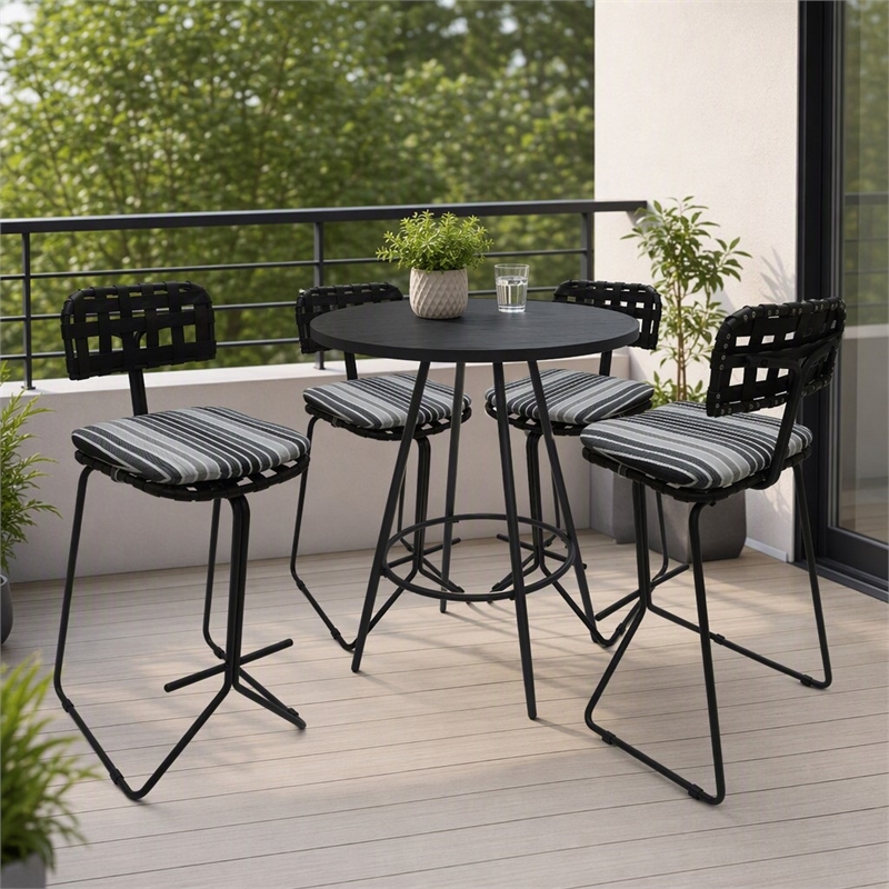 Afuera Living Outdoor/Indoor Metal Pub Set with Gray Striped Fabric Stool