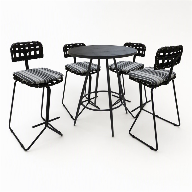 Afuera Living Outdoor/Indoor Metal Pub Set with Gray Striped Fabric Stool