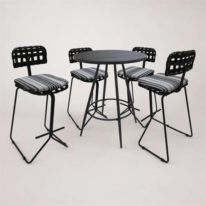 Afuera Living Outdoor/Indoor Metal Pub Set with Gray Striped Fabric Stool
