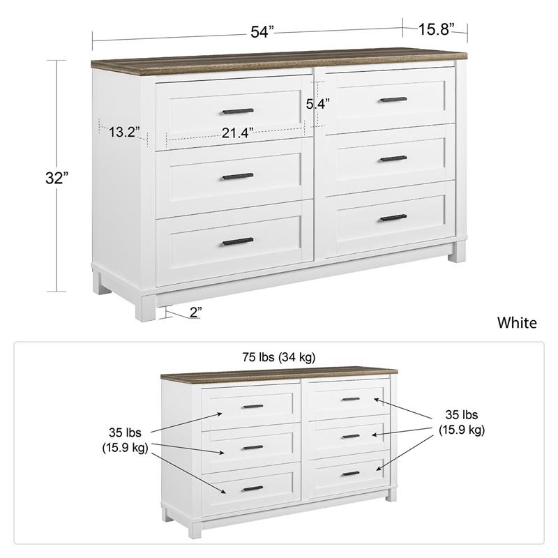 Ameriwood Home Chapel Hill 6 Drawer Dresser in White