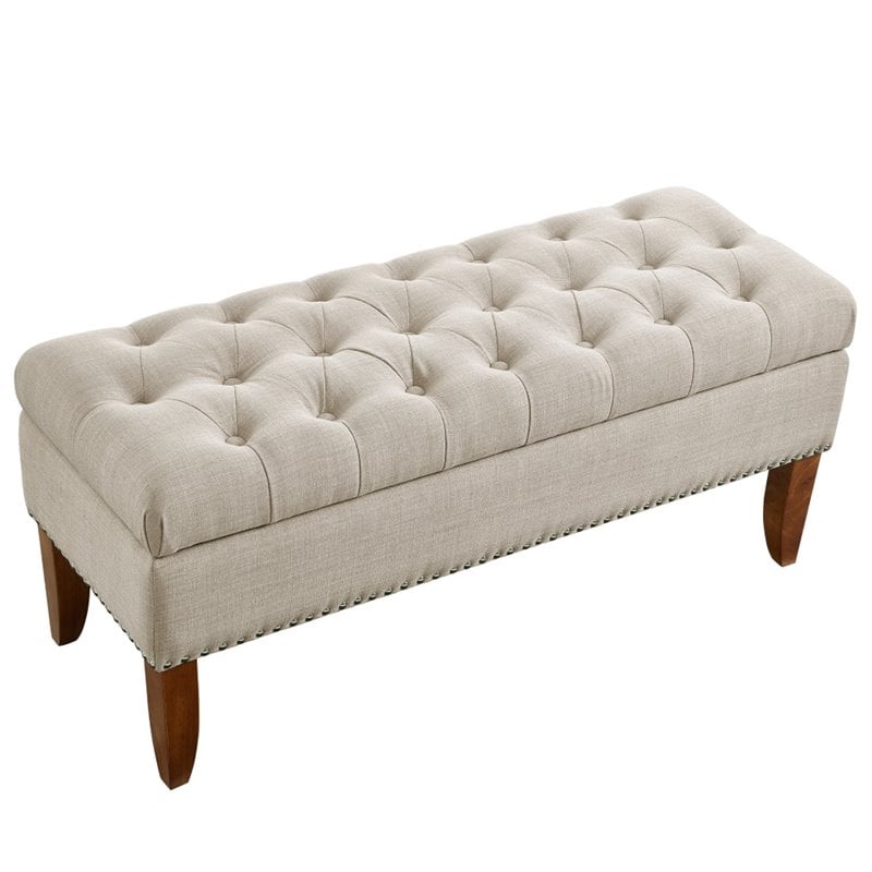 Pulaski Hinged Top Button Tufted Storage Bed Bench in Beige