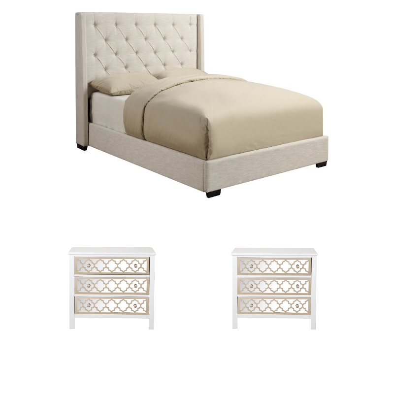 Details About Upholstered Queen Bed With 2 Mirrored Front Nightstands