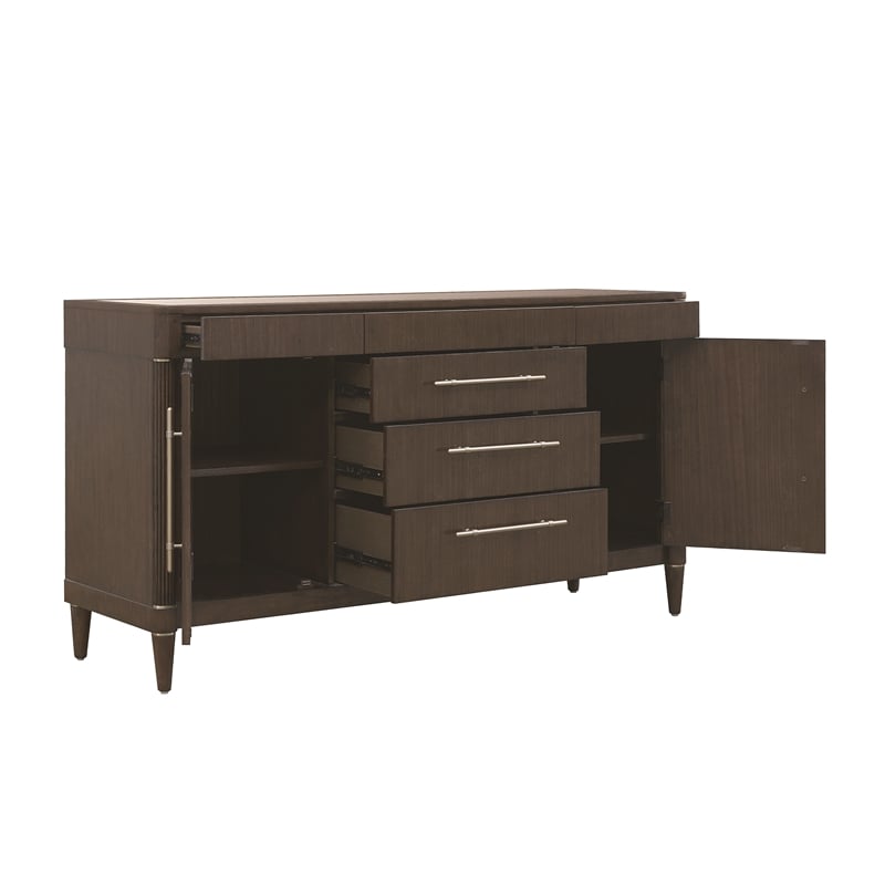 Asher Park Glass Top 2 Door Buffet with Storage Drawers in Brown Wood