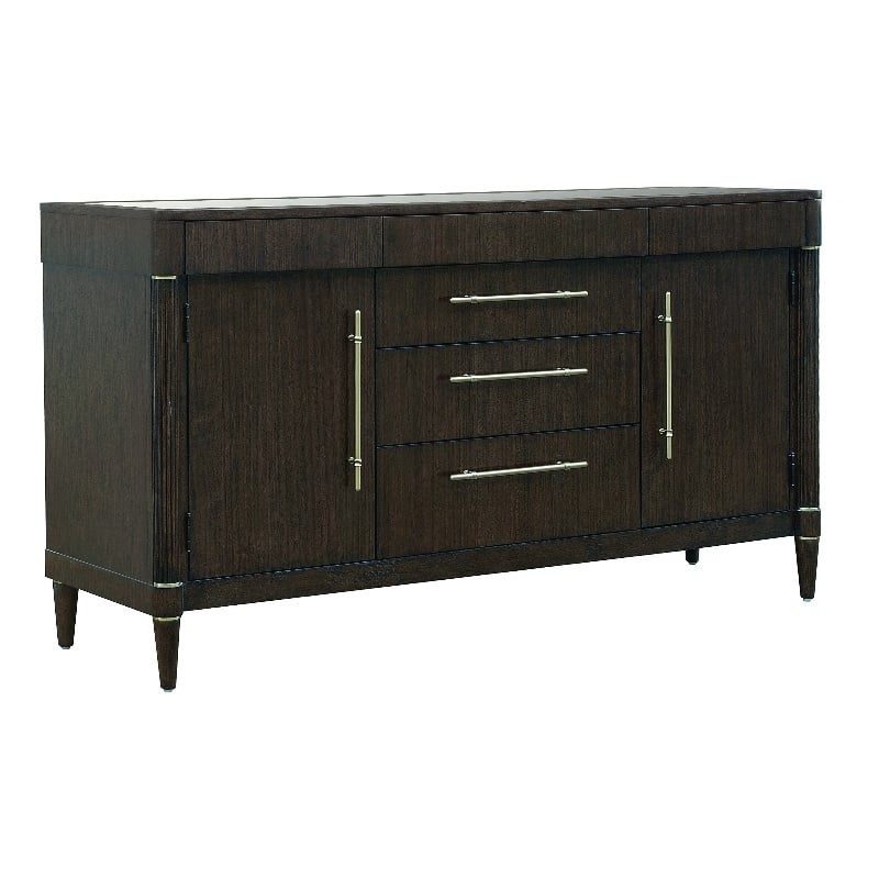 Asher Park Glass Top 2 Door Buffet with Storage Drawers in Brown Wood