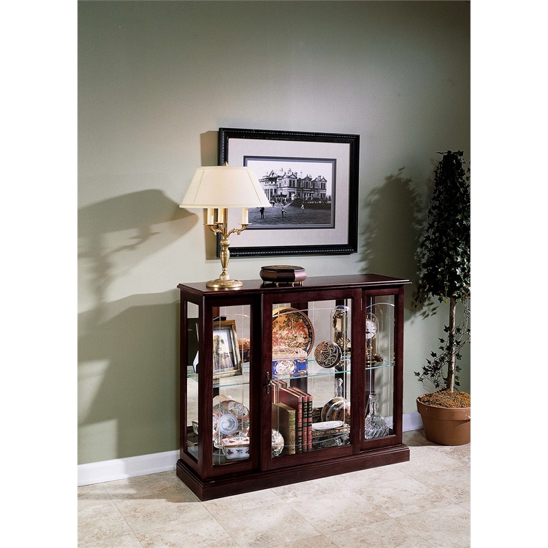 Pulaski Curios Lighted 1 Shelf Console Display Cabinet in Cherry Brown