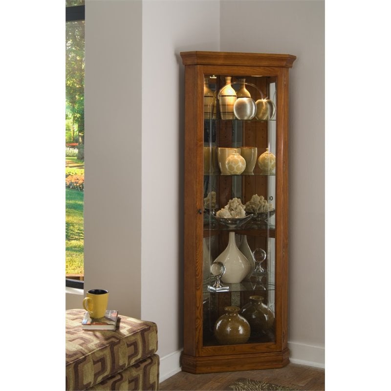 Wood Framed Mirrored Corner Curio in Golden Oak Finish by Pulaski Furniture