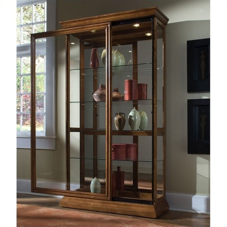 Hardwood 2 Way Sliding Door Curio Cabinet in Oak Finish by Pulaski Furniture