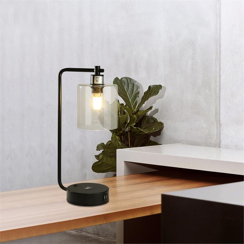 19 in. Clear Table Lamp with Wireless Charger and Glass Shade