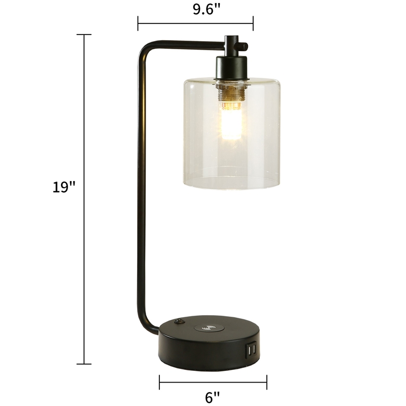 19 in. Clear Table Lamp with Wireless Charger and Glass Shade