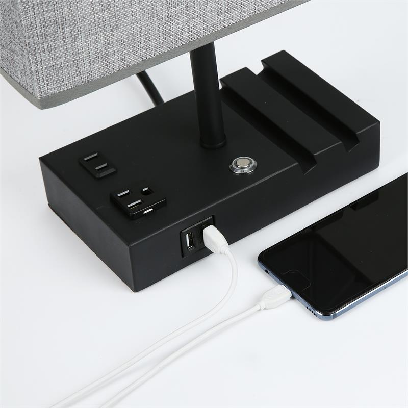 17 in. Grey Table Lamp with USB Port and Charging Dock