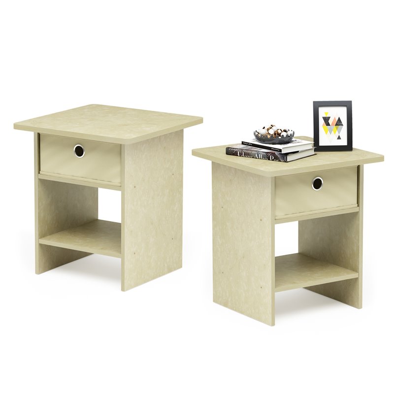 Furinno Dario Wood End Table with Storage Shelf in Ivory/Cream (Set of 2)