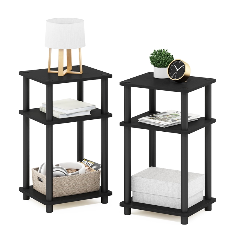 Furinno JUST Turn-N-Tube Wood 3-Tier End Table in Black (Set of 2)