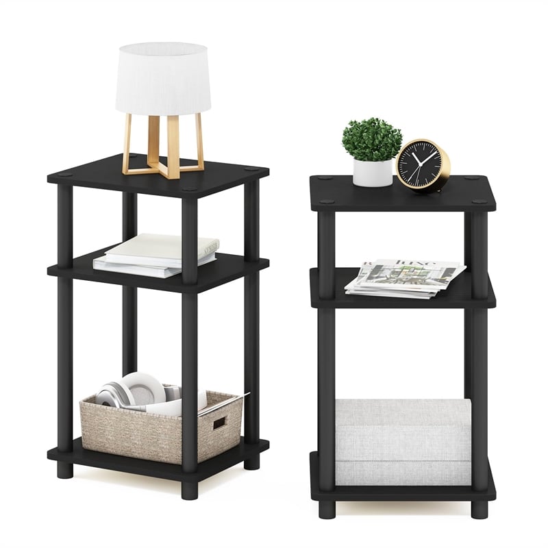 Furinno JUST Turn-N-Tube Wood 3-Tier End Table in Black (Set of 2)