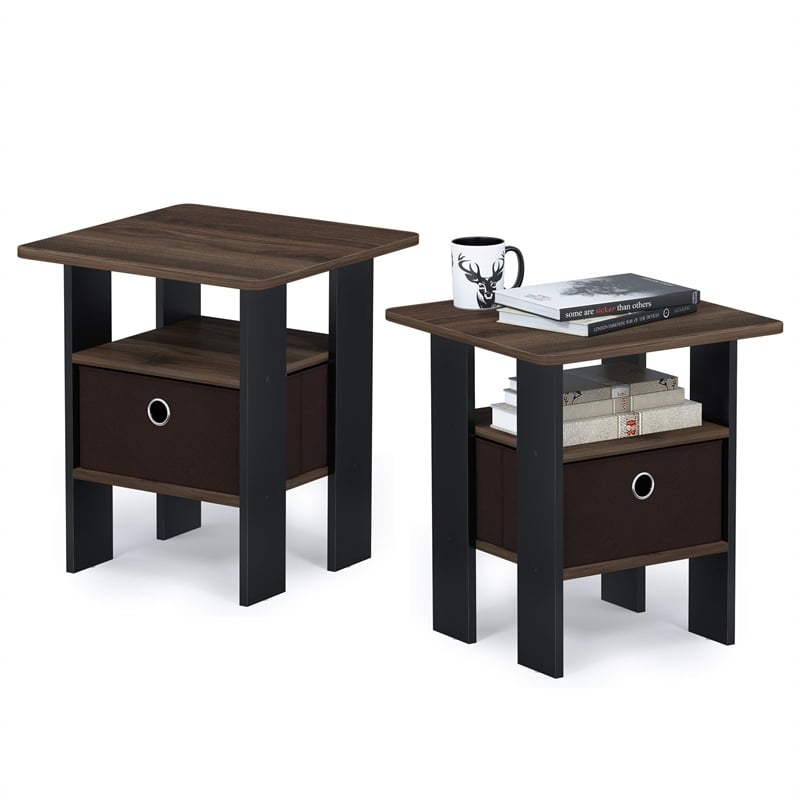 Furinno ANDREY Engineered Wood End Table with Bin Drawer in Walnut (Set of 2)