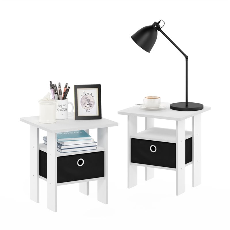 Furinno ANDREY Engineered Wood End Table with Bin Drawer in White (Set of 2)
