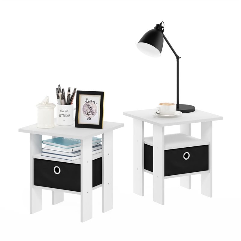 Furinno ANDREY Engineered Wood End Table with Bin Drawer in White (Set of 2)