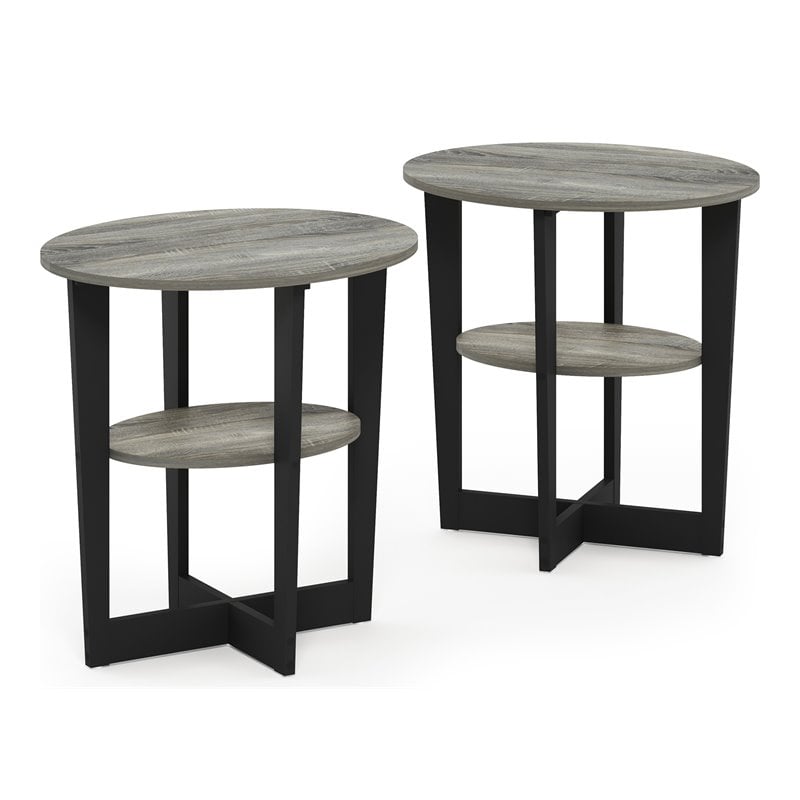 Furinno JAYA Engineered Wood Oval End Table in French Oak Gray/Black (Set of 2)