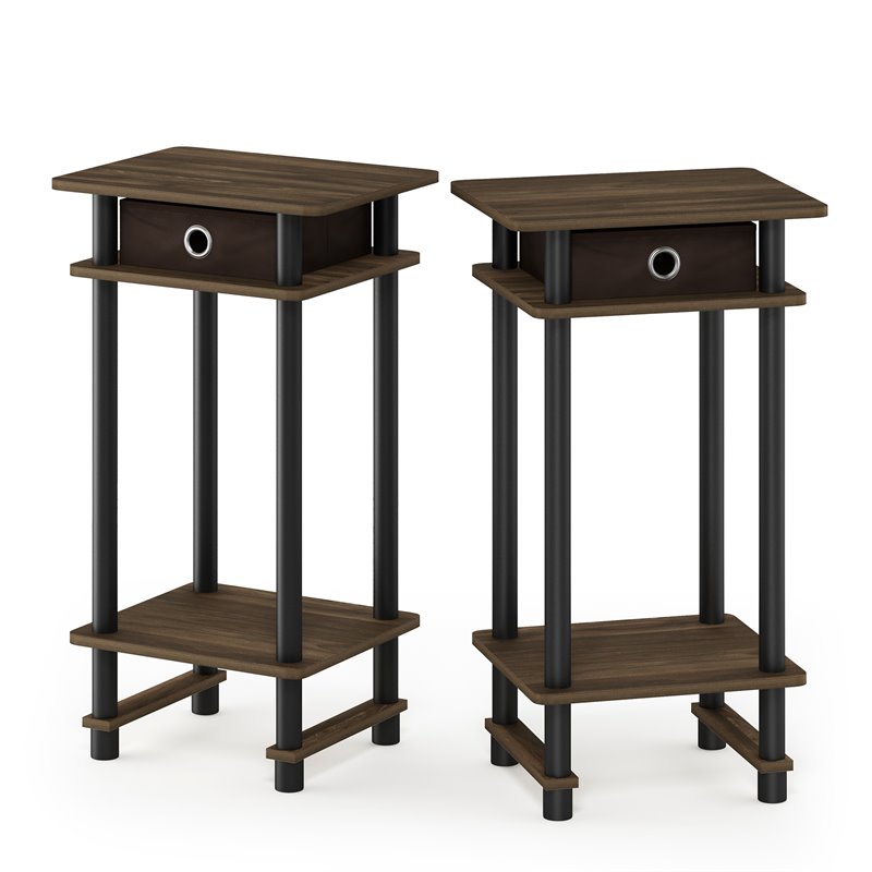 Furinno TURN-N-TUBE Engineered Wood End Table with Bin in Walnut (Set of 2)
