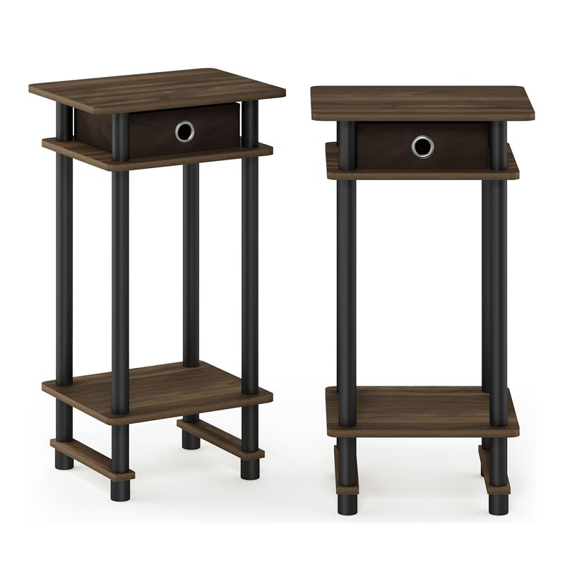 Furinno TURN-N-TUBE Engineered Wood End Table with Bin in Walnut (Set of 2)