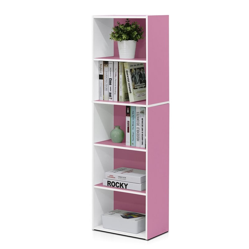 Furinno LUDER Engineered Wood 5-Tier Reversible Open Shelf Bookcase in Pink